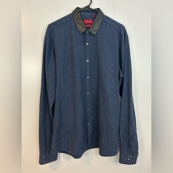 Hugo Boss Blue Slim Fit Button Down w/ Faux Black Leather Collar Size XXL - Picture 1 of 11